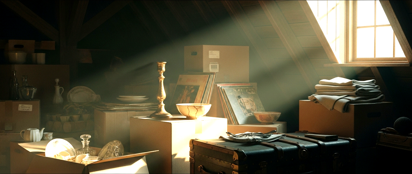 Warm attic filled with open boxes of vintage china, brass candlesticks, vinyl records, and a steamer trunk