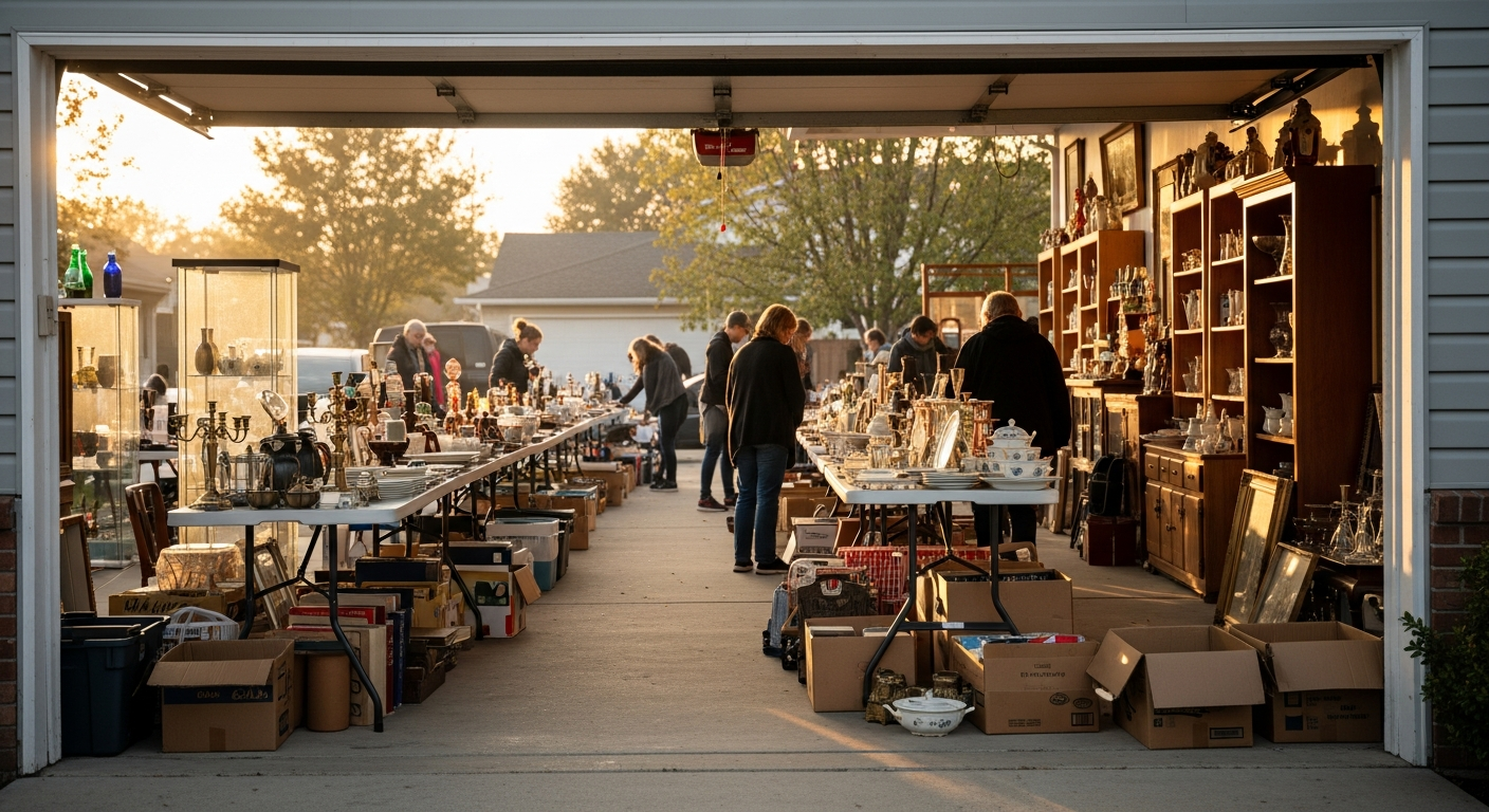 Estate sale in a suburban garage with vintage items on folding tables, bright morning light flooding the scene