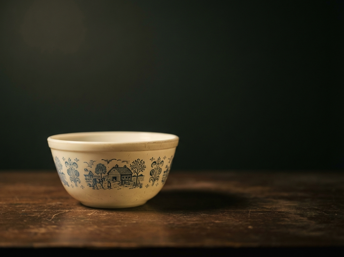 Vintage Pyrex and mid-century ceramics on a thrift store shelf